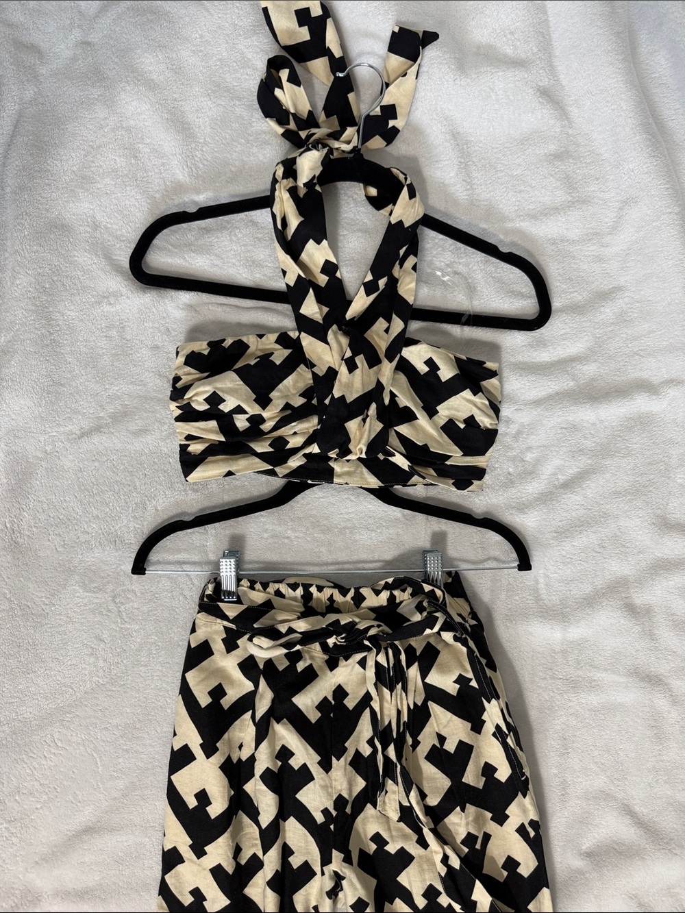 Black & Cream Geometric Halter Crop Top and Pant Set